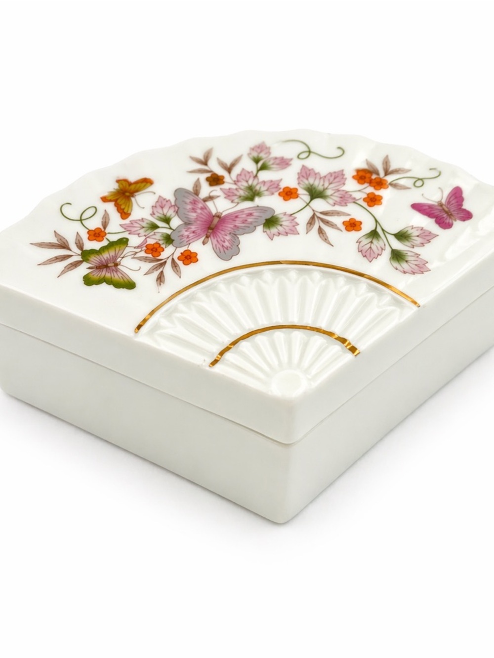 Vintage Avon Porcelain Trinket Box Fan Shape Floral Butterfly 1980​